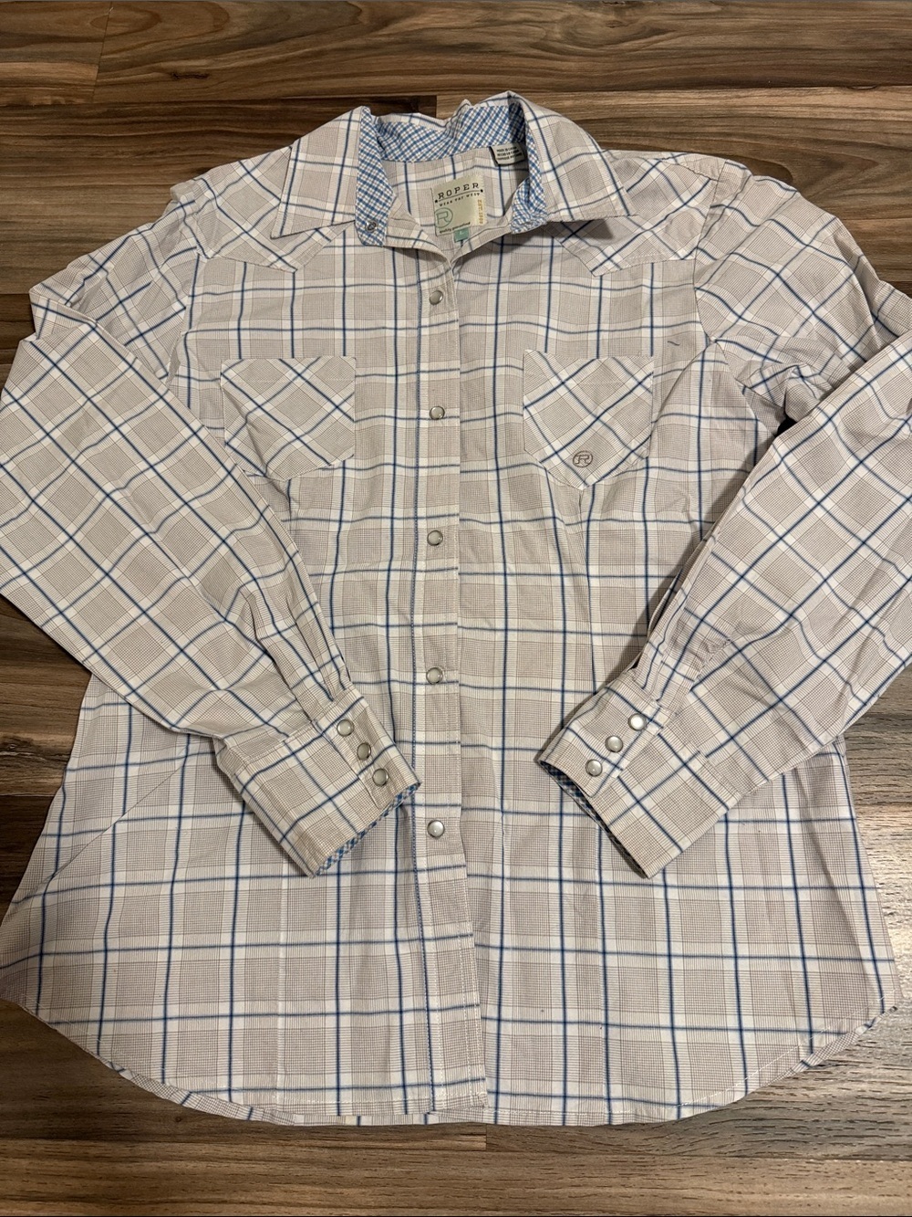 Roper Shirt Mens L Gray Blue Plaid Long Sleeve Pearl Snap Western Cowboy
